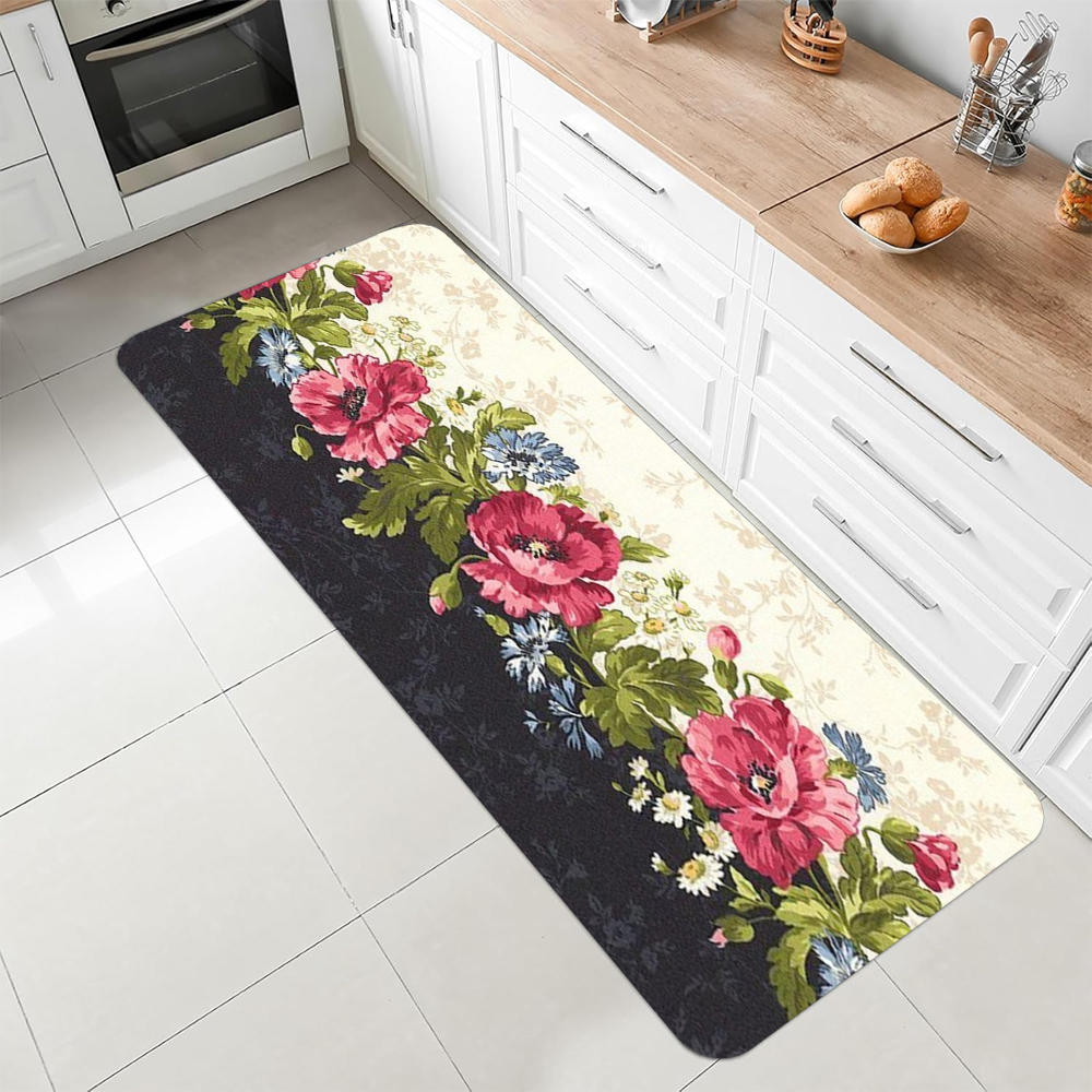 Commercial Kitchen Background - Vintage Pink Floral Black Background Runner