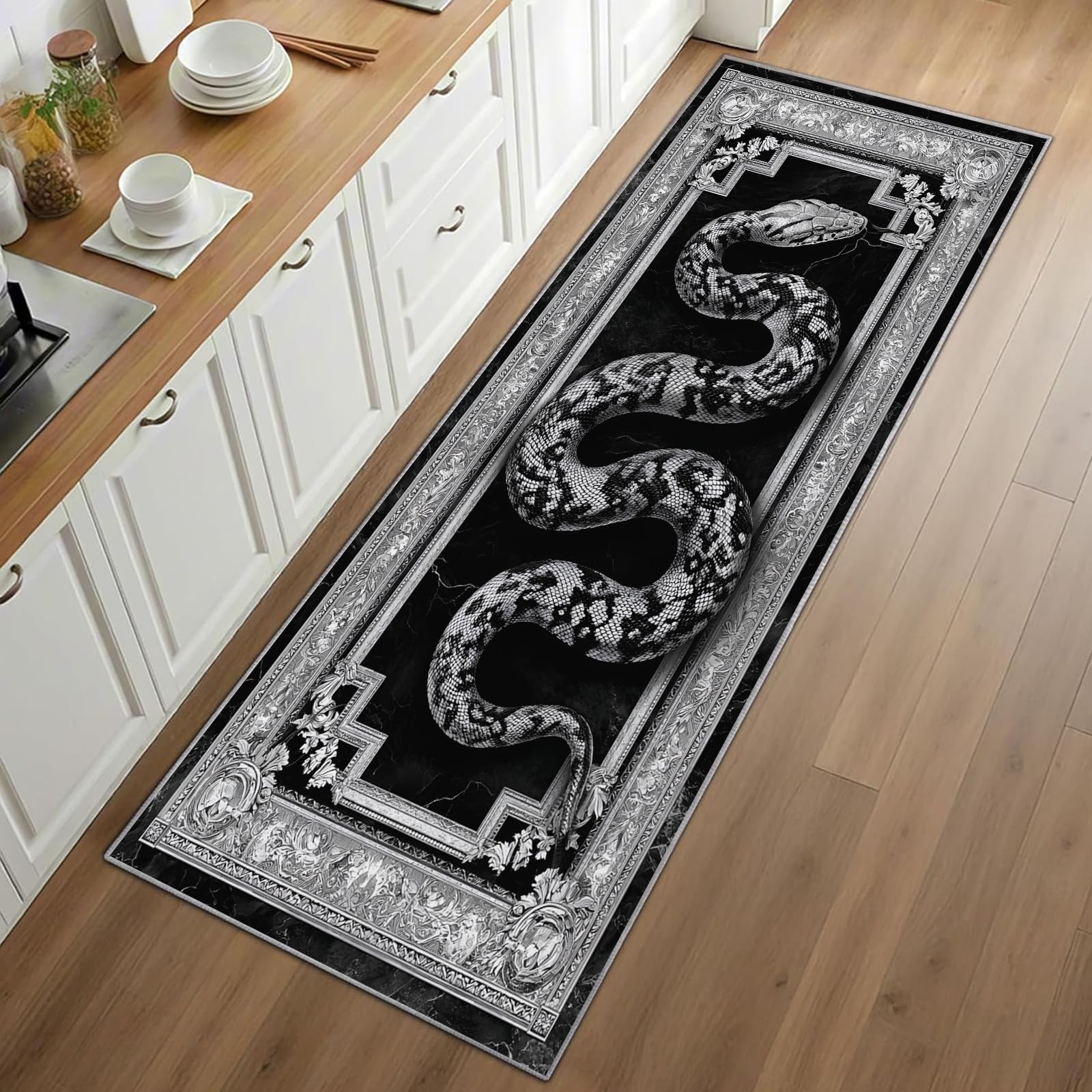 Snake Print Runner Rug Black B - Commercial Kitchen Background ulasan dan harga