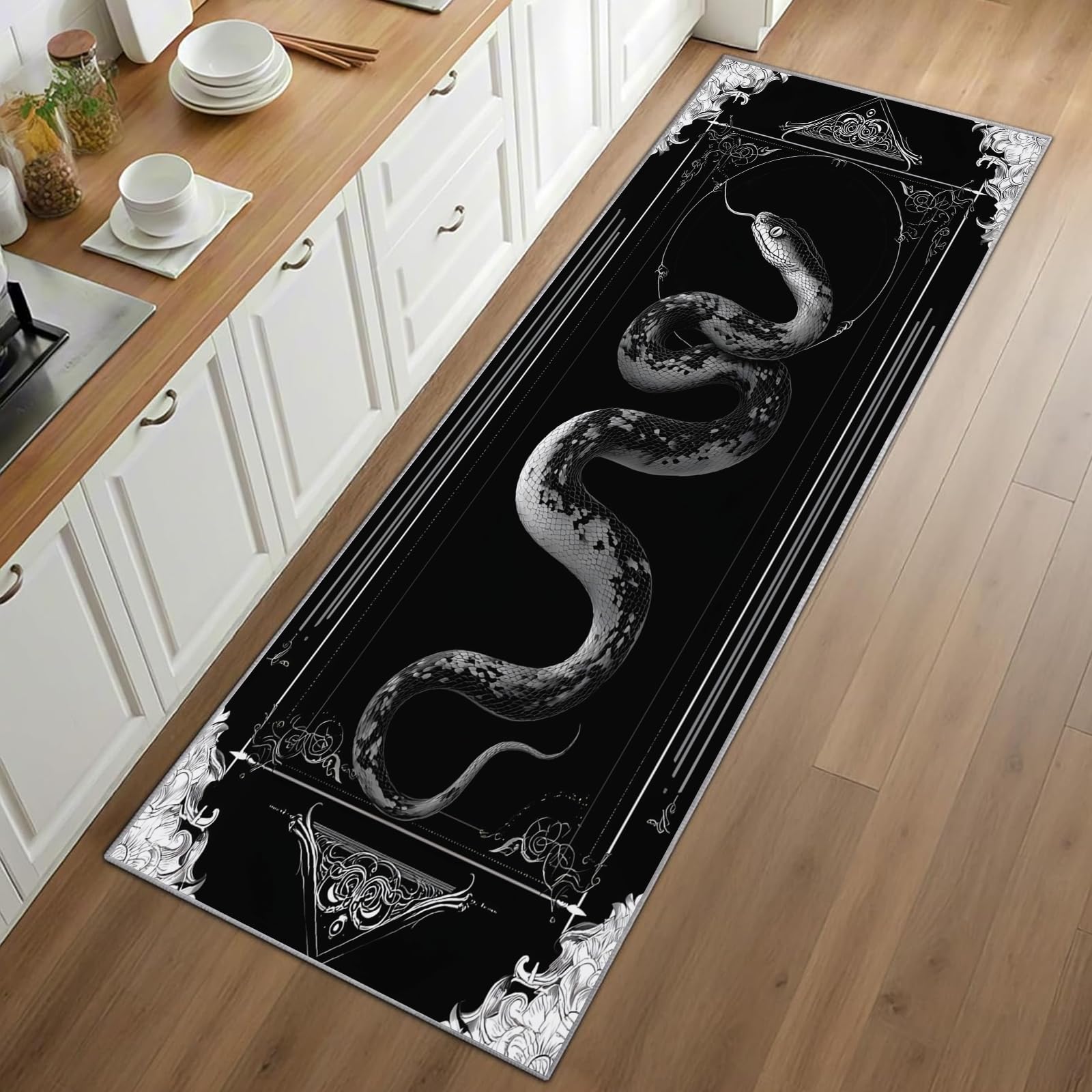Snake Print Runner Rug Black B - Commercial Kitchen Background ulasan dan harga