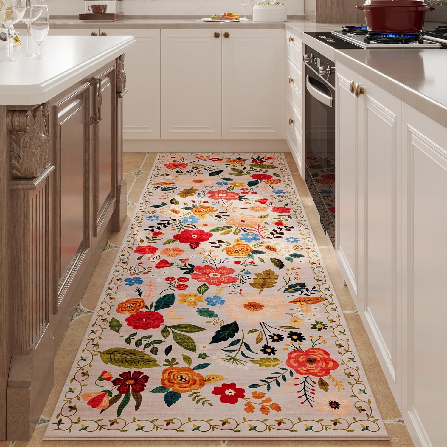 Vintage Floral Runner Rug Beig - Commercial Kitchen Background ulasan dan harga